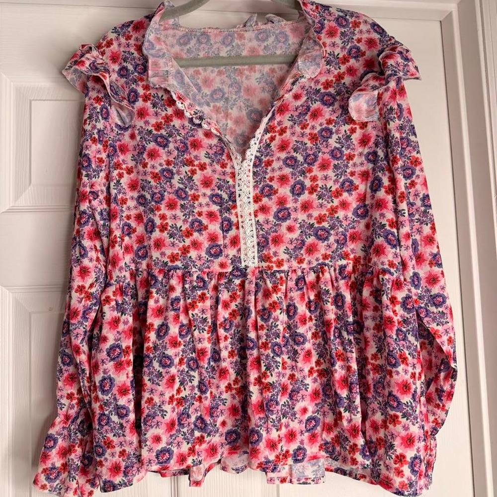 Pink, red, and purple floral polyester blouse with ruffles, size S